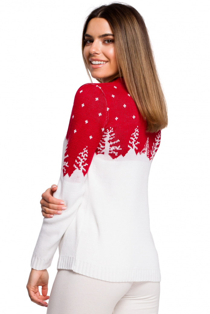 Sweter Damski Świąteczny Z Motywem Choinek - czerwony
